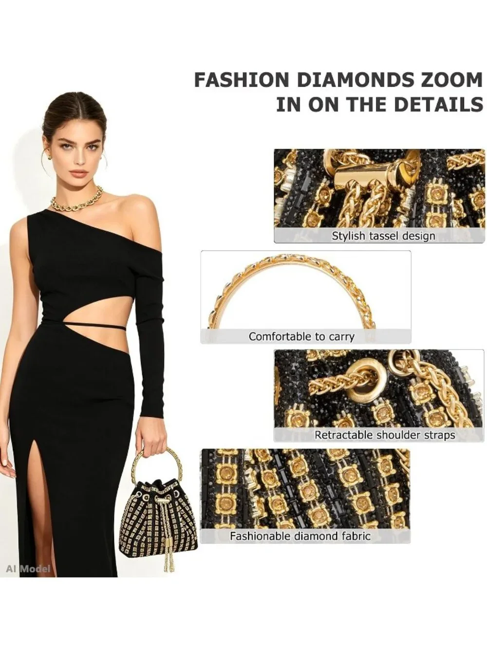 Women's Black  Sparkly Rhinestone Clutch Purse Diamond Chain Evening Bag